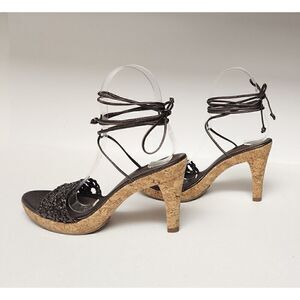 Antonio Melani Brown Macrame Woven Sandals Open Toe Ankle Wrap Cork Heel Sz 6.5